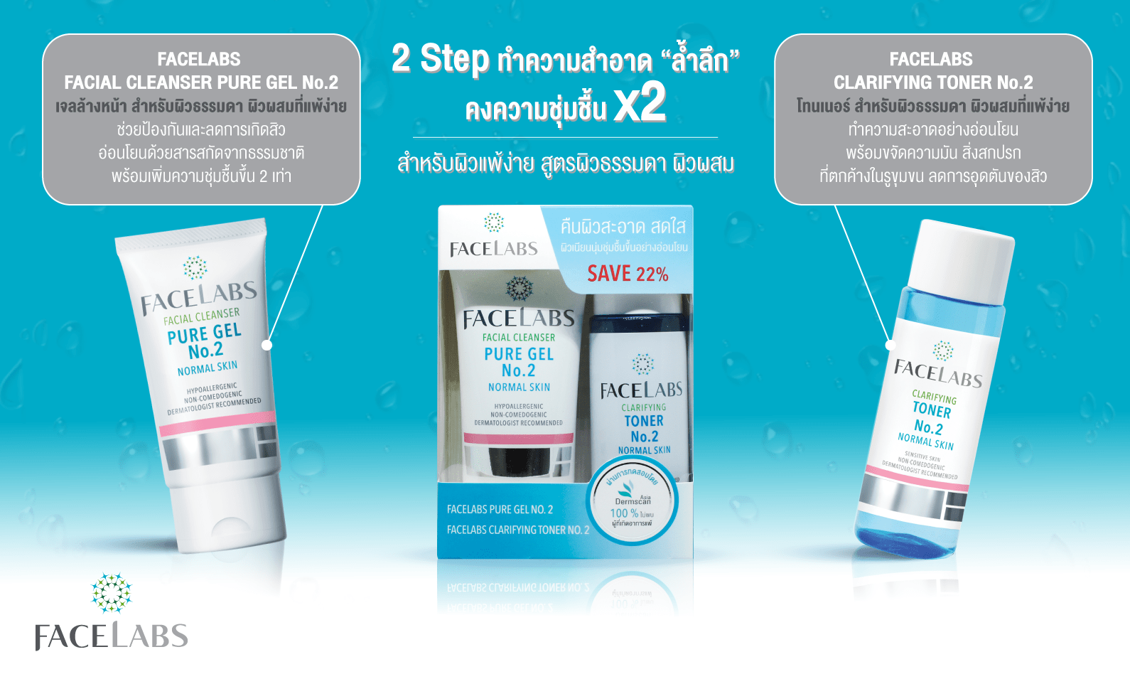 เจลล้างหน้าสำหรับผิวผสม No.2 50 ml + โทนเนอร์ผิวผสม No.2 100 ml