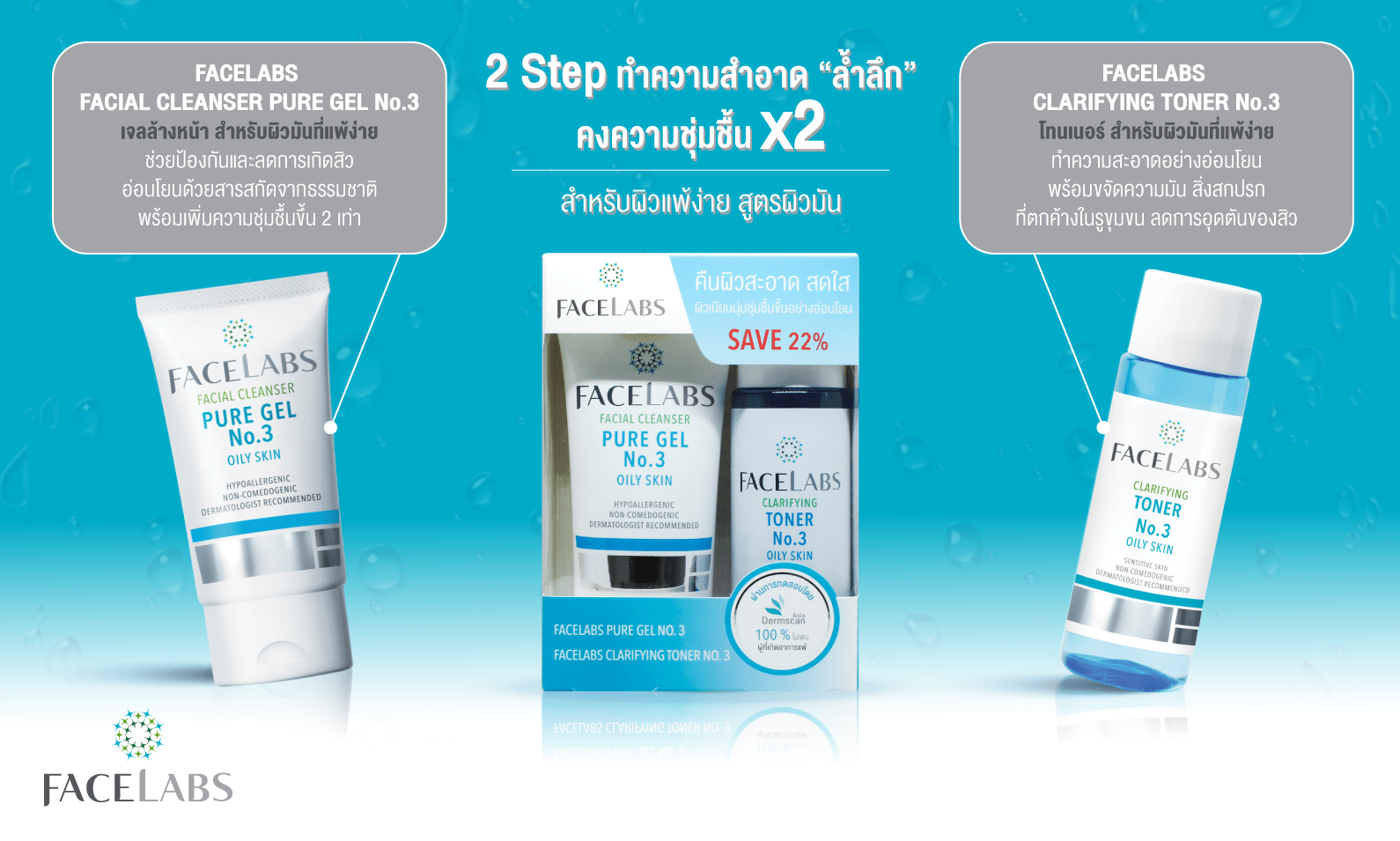 เจลล้างหน้าสำหรับผิวมัน No.3 50 ml + โทนเนอร์ผิวมัน No.3 100 ml