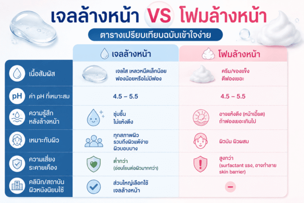 ตารางเปรียบเทียบเจลล้างหน้าและโฟมล้างหน้า